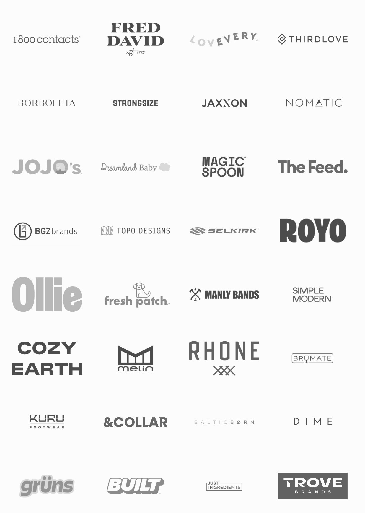 Logos of consumer brands that have attended SLC DTC events, including 1800 Contacts, Lovevery, Thirdlove, Cotopaxi, Cozy Earth, Magic Spoon, Rhone, and more.
